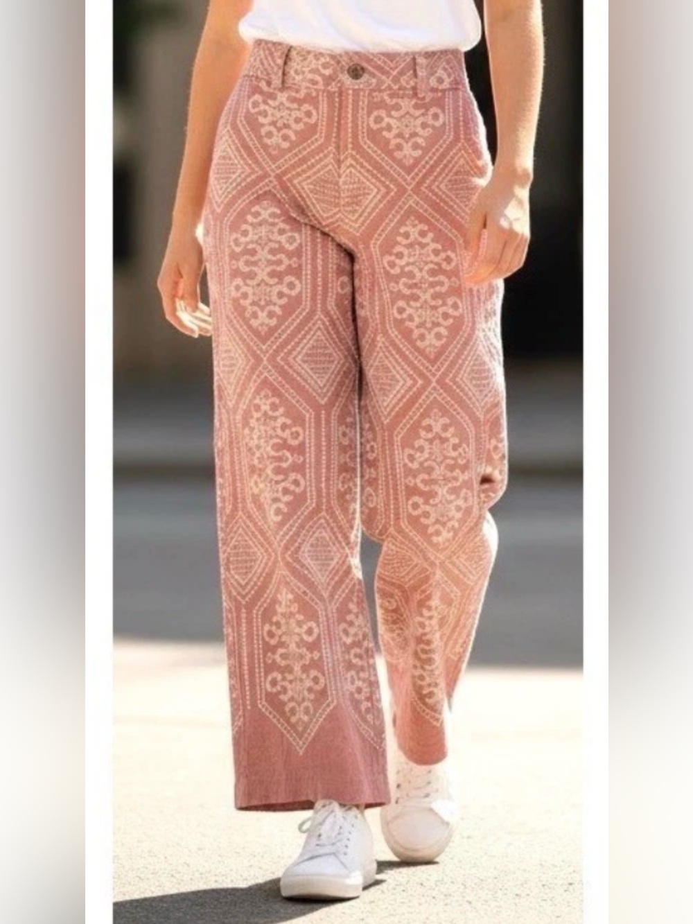 Joie Pink Embroidered Linen Blend Cropped Wide Leg Pants Size 10